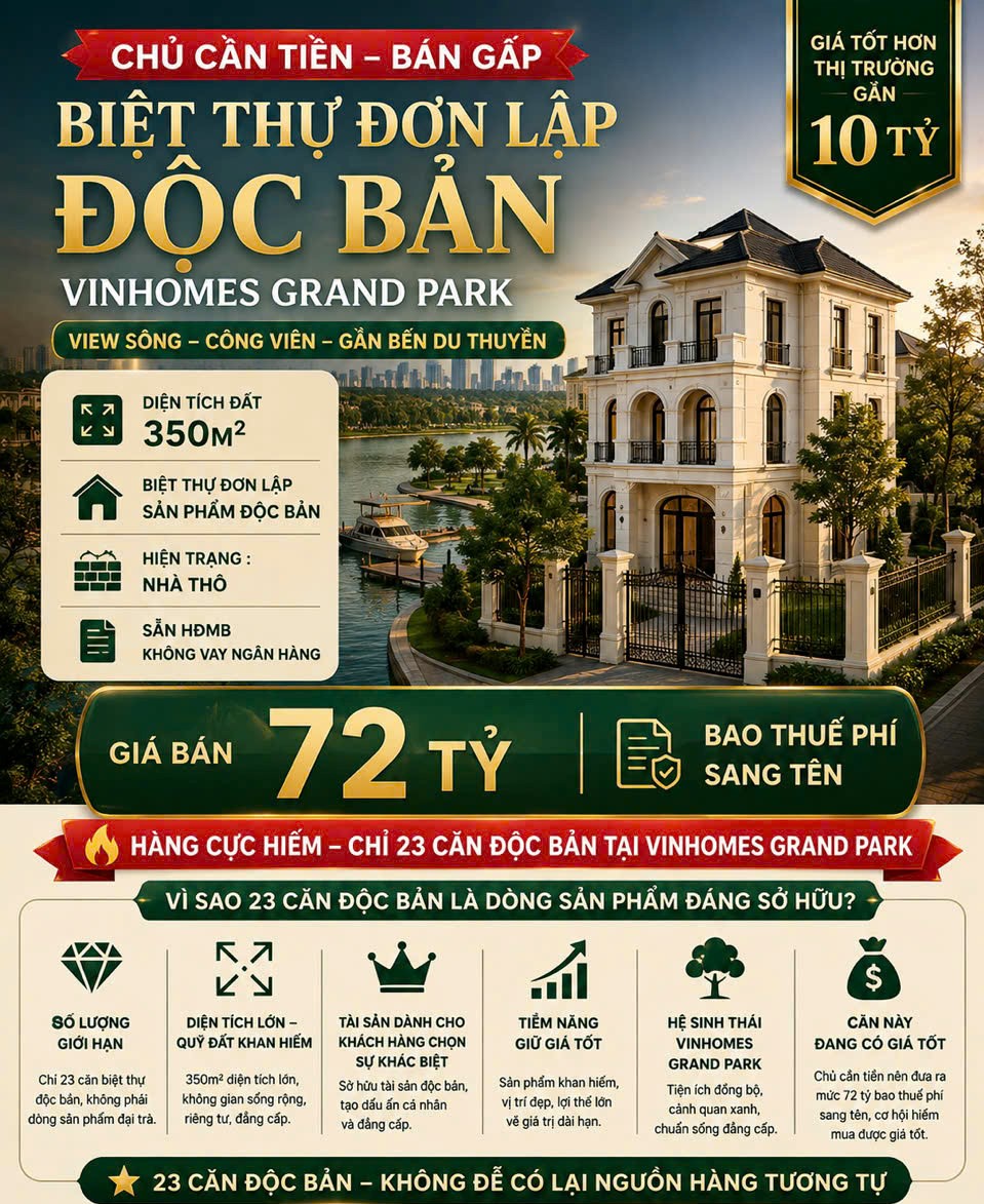 BÁN GẤP BIỆT THỰ ĐƠN LẬP ĐỘC BẢN | TỐT HƠN THỊ TRƯỜNG 10 TỶ - VIÊW SÔNG - CÔNG VIÊN - GẦN BẾN DU THUYỀN