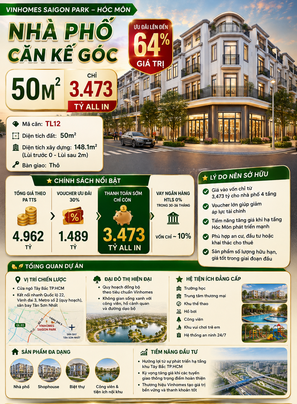 NHÀ PHỐ - CĂN KẾ GÓC 50M2- Chỉ 3.473 tỷ ALL IN - ƯU ĐÃI lên đến 64% giá trị - VINHOMES SAIGON PARK – HÓC MÔN